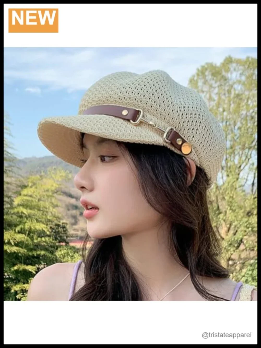 Women's Breathable Newsboy Cap Short Brim Summer Hat with Faux Leather Strap
